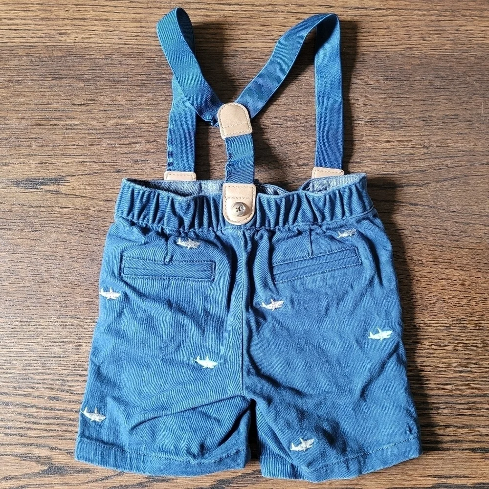 Gymboree Blue Shorts with Embroidered Sharks and Suspenders Size Boy 12-18 Month